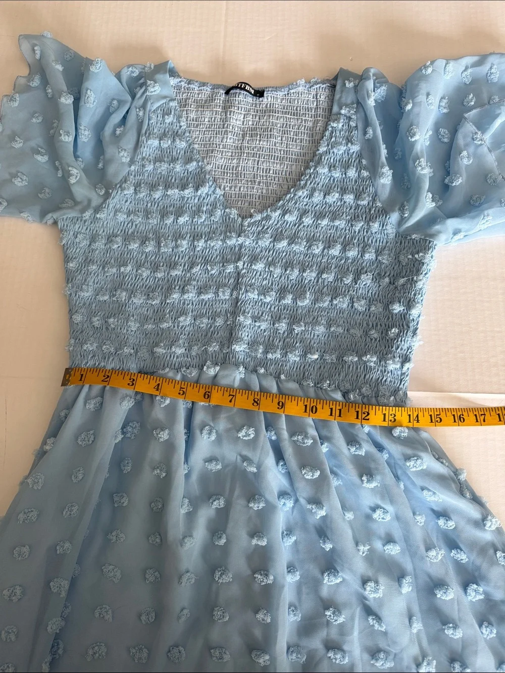 Light Blue Textured Midi Dress with V-Neck